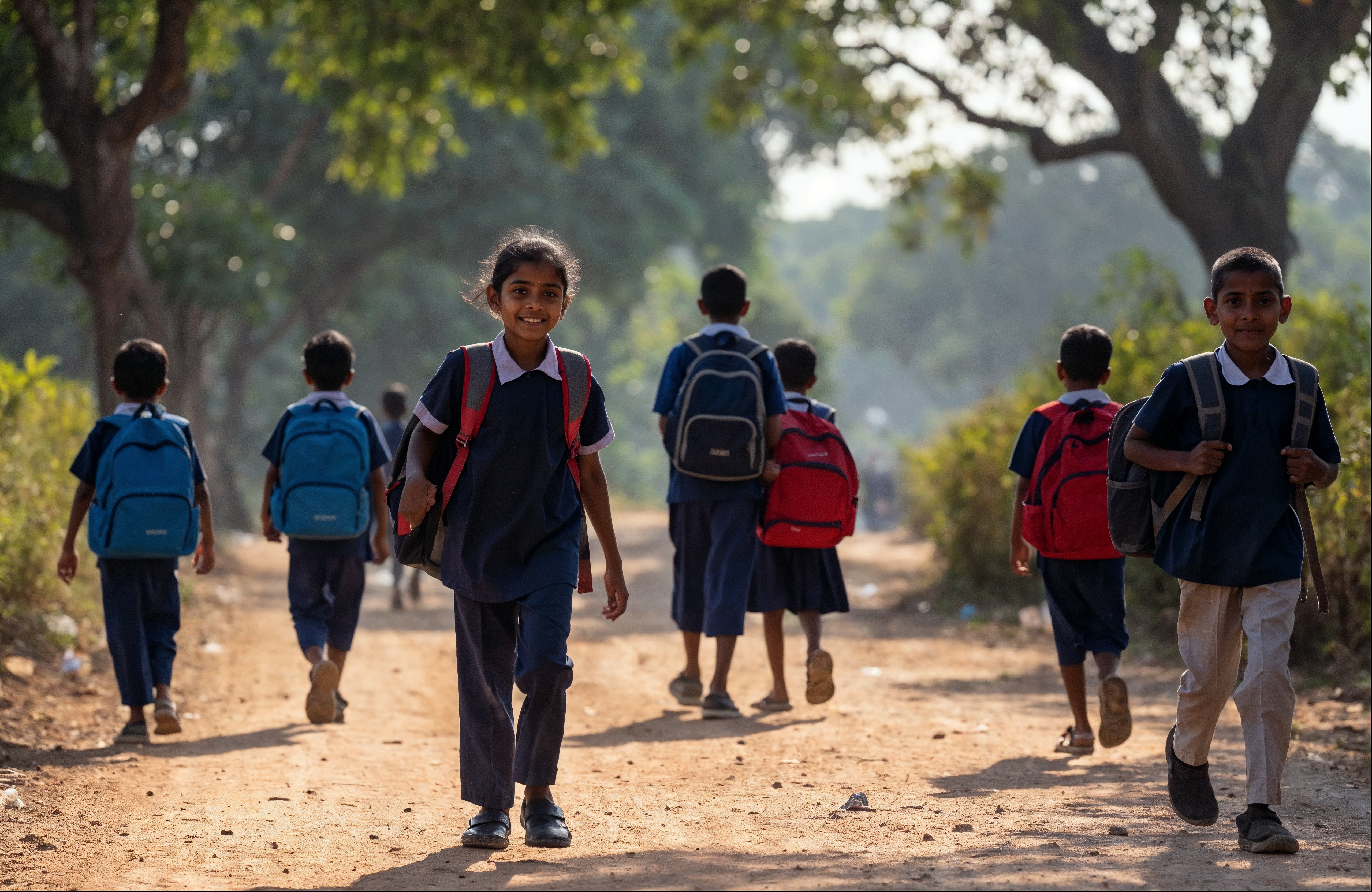 Indian children in school uniforms walking on rural village road in morning sunlight